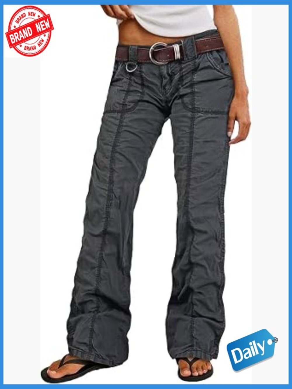 Mid Rise Straight Leg Cargo Pants with Patch Pockets Stitch Detail